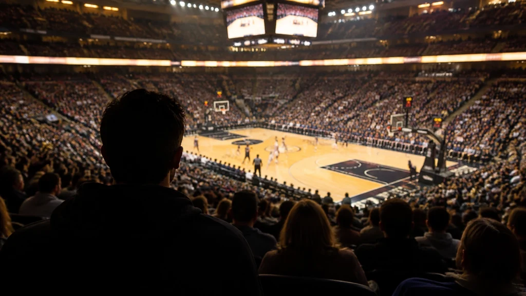 Eine Basketballhalle mit Publikum und einem hell beleuchteten Spielfeld; im Vordergrund eine dunkle Silhouette.
