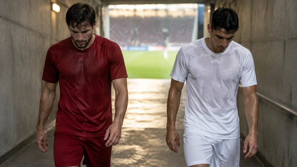 Zwei erwachsene Fußballspieler in dunkelrotem und weißem Trikot in einem Stadiontunnel