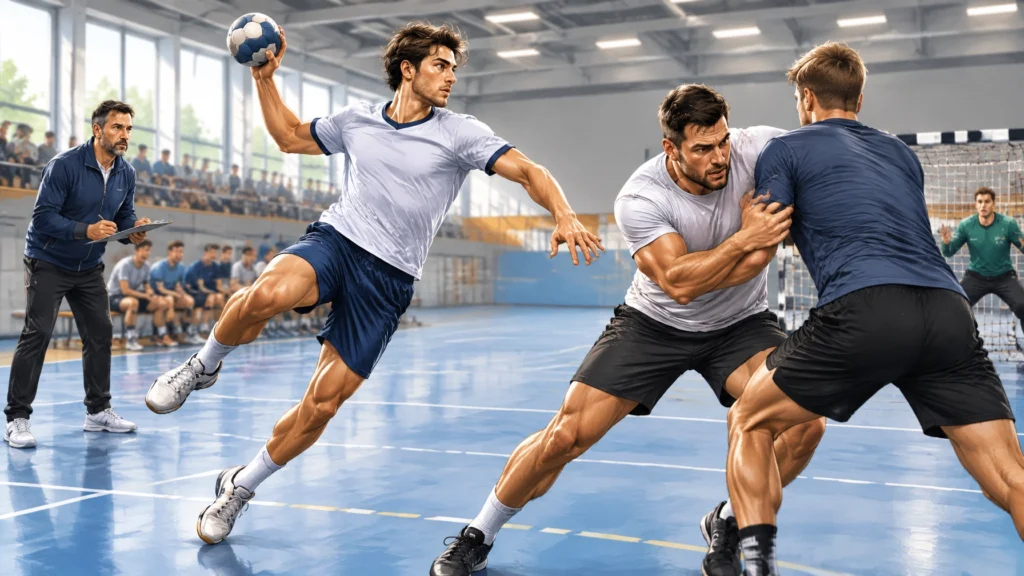 Zwei Handballspieler in unterschiedlichen Spielsituationen und ein Trainer am Spielfeldrand in einer hellen Sporthalle