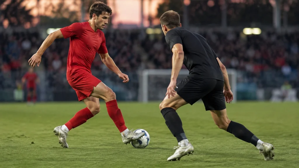 Fußballspieler im roten Trikot umspielt einen Gegenspieler in schwarzem Trikot beim Heimspiel.