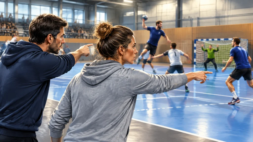 Zwei Erwachsene verfolgen ein Handballspiel in einer Sporthalle und zeigen in Richtung Spielfeld