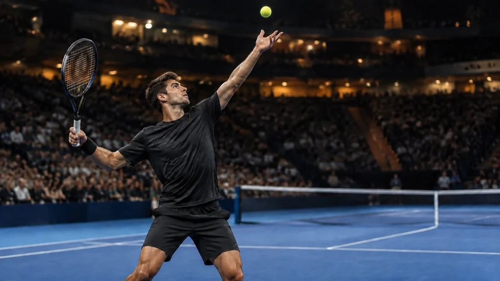 Ein Tennisspieler im schwarzen Trikot wirft beim Aufschlag den Ball hoch, im Hintergrund die volle Tribüne einer Halle