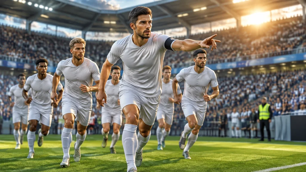 Mannschaftskapitän führt seine Mitspieler zum Anstoß, im Hintergrund volle Ränge und ein Ordner am Spielfeldrand
