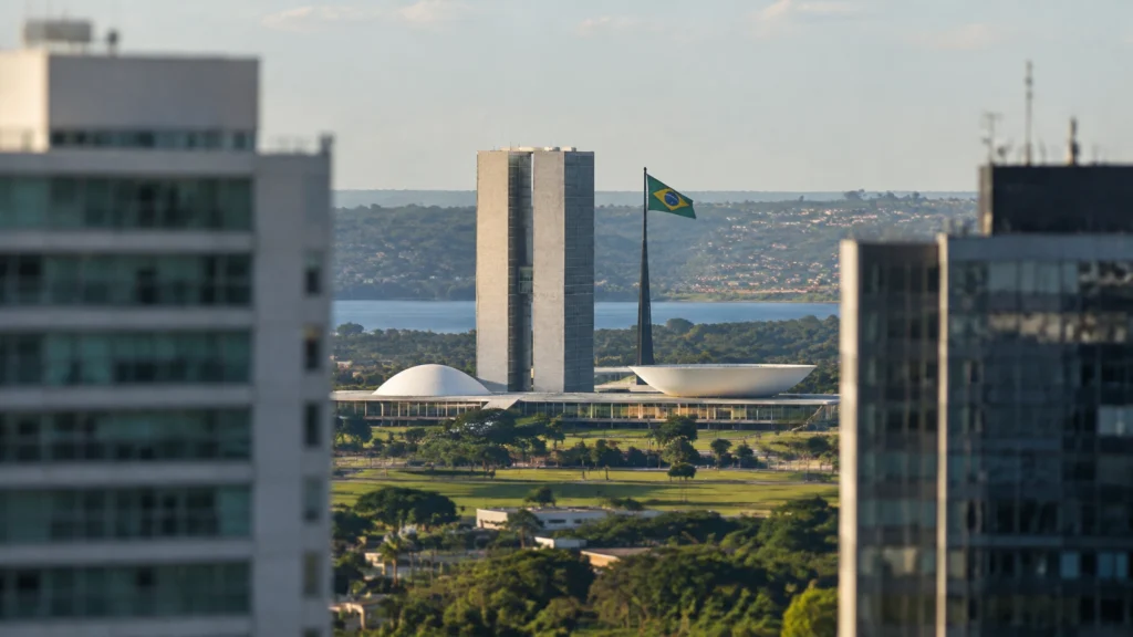 Blick auf den brasilianischen Nationalkongress in Brasília zwischen modernen Gebäuden, mit wehender brasilianischer Flagge.