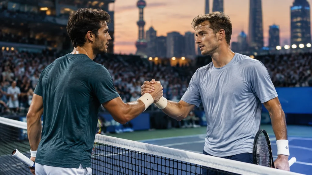 Zwei Tennisspieler geben sich am Netz die Hand, vor Publikum und einer Stadtkulisse in der Abenddämmerung.