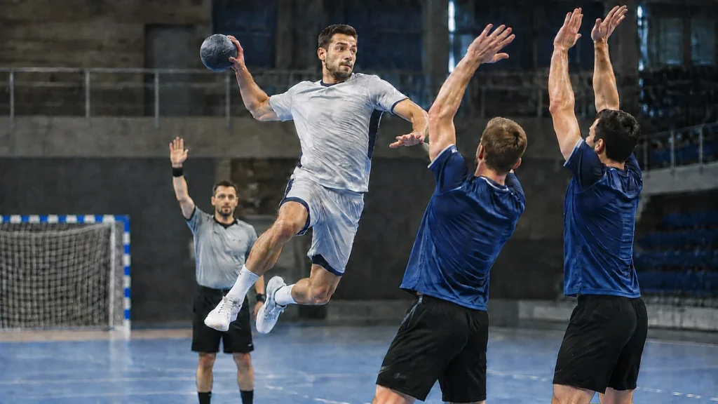 Ein Handballspieler springt zum Torwurf über zwei Abwehrspieler mit erhobenen Armen, im Hintergrund hebt ein Schiedsrichter den Arm
