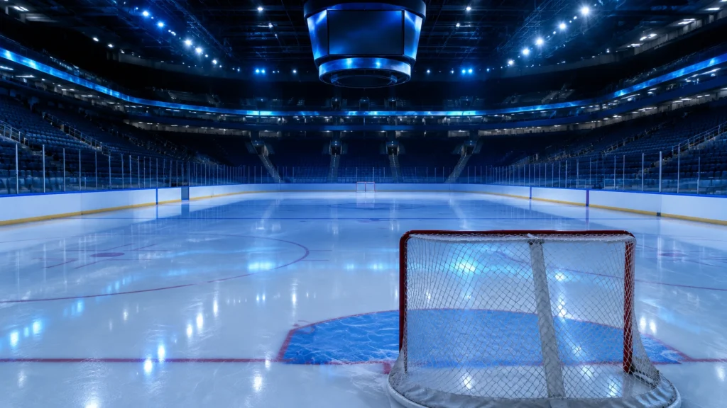 Leere Eishockeyarena mit beleuchteter Eisfläche und einem Tor im Vordergrund