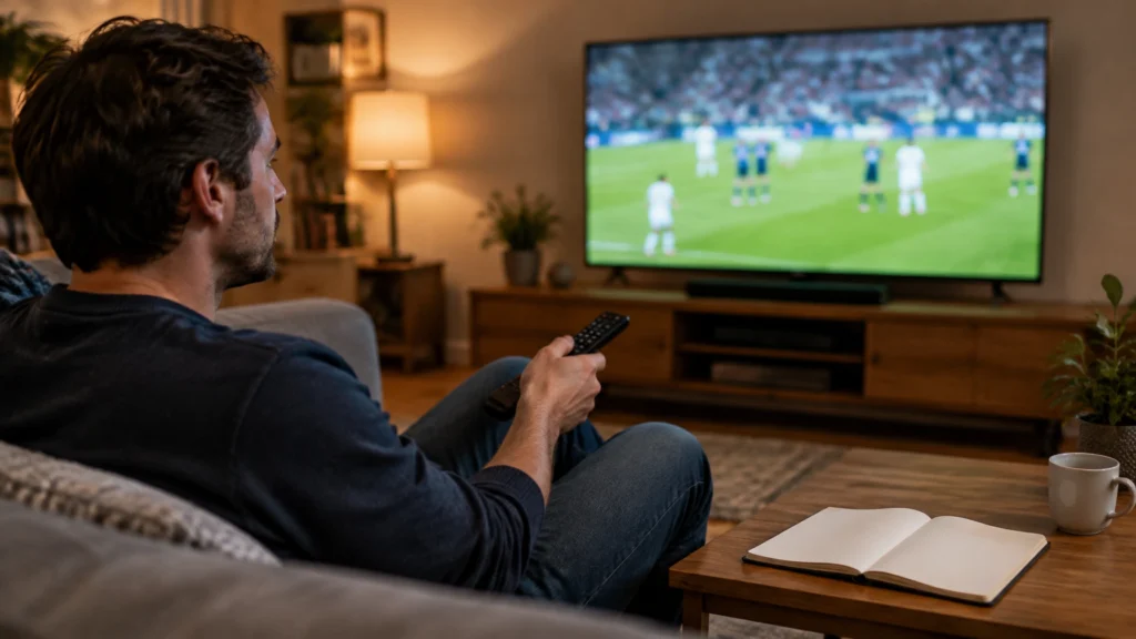 Eine Person sitzt mit Fernbedienung vor einem Fernseher mit unscharfer Sportübertragung; auf dem Tisch liegt ein geöffnetes, unbedrucktes Heft.