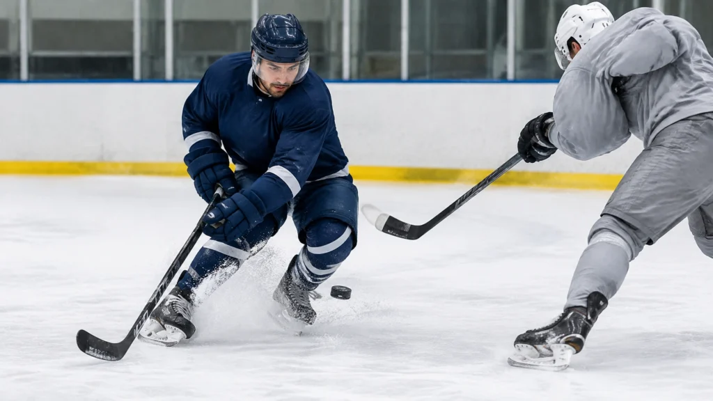 Zwei erwachsene Eishockeyspieler kämpfen auf dem Eis um den Puck