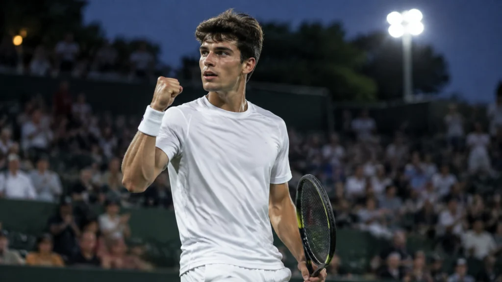 Ein Tennisspieler im weißen Shirt hebt auf dem beleuchteten Platz eine Faust und hält einen Schläger.