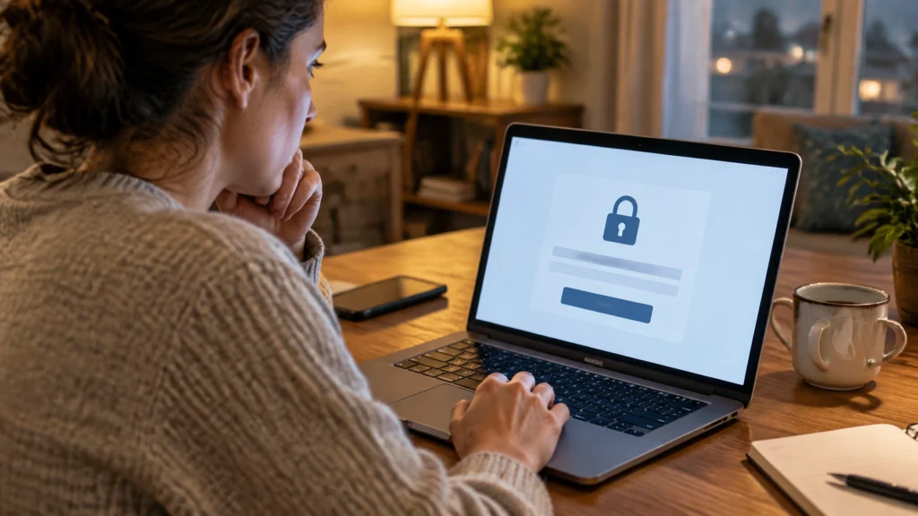 Erwachsene Person sitzt abends an einem Tisch und prüft an einem Laptop eine Kontosperrung