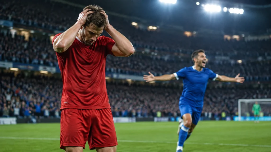 Fußballspieler in rotem Trikot fasst sich an den Kopf, im Hintergrund jubelt ein Spieler in blauem Trikot