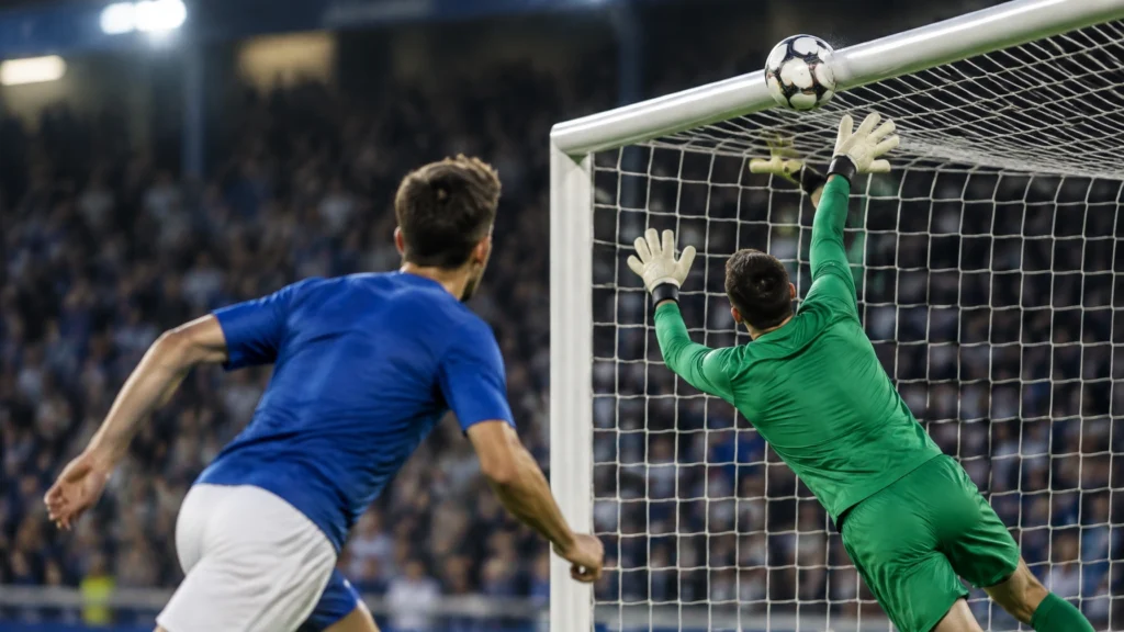 Fußball prallt an der Querlatte ab, Torhüter und Angreifer in Bewegung