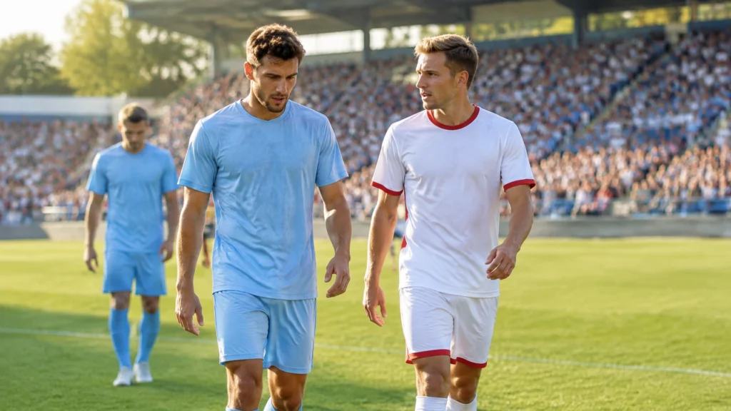 Zwei Fußballspieler in hellblauen und weißen Trikots gehen auf dem Platz vor einer Tribüne nebeneinander