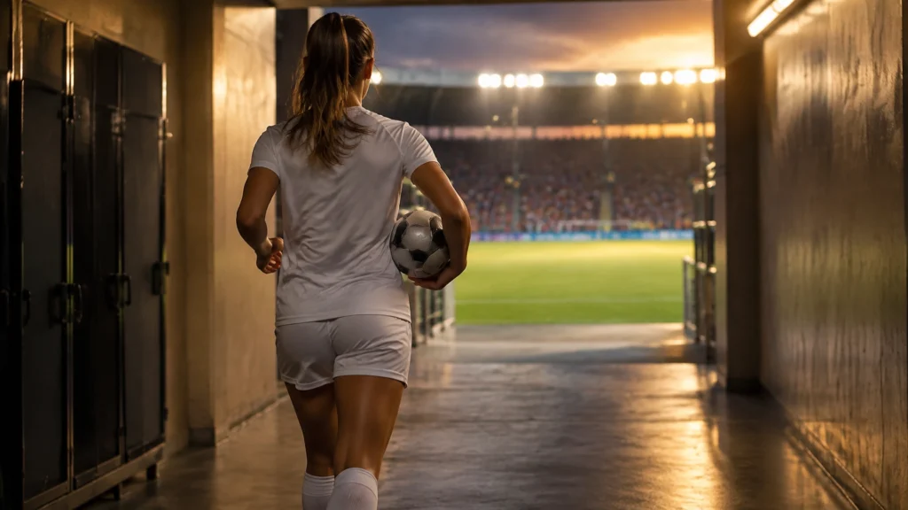 Spielerin mit Fußball läuft durch einen beleuchteten Stadiontunnel auf das Spielfeld, Tribünen im Abendlicht im Hintergrund.