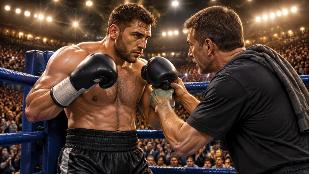 Schwergewichtsboxer steht in einer Ringecke, während sein Trainer die Handschuhe auf Schulterhöhe hält.