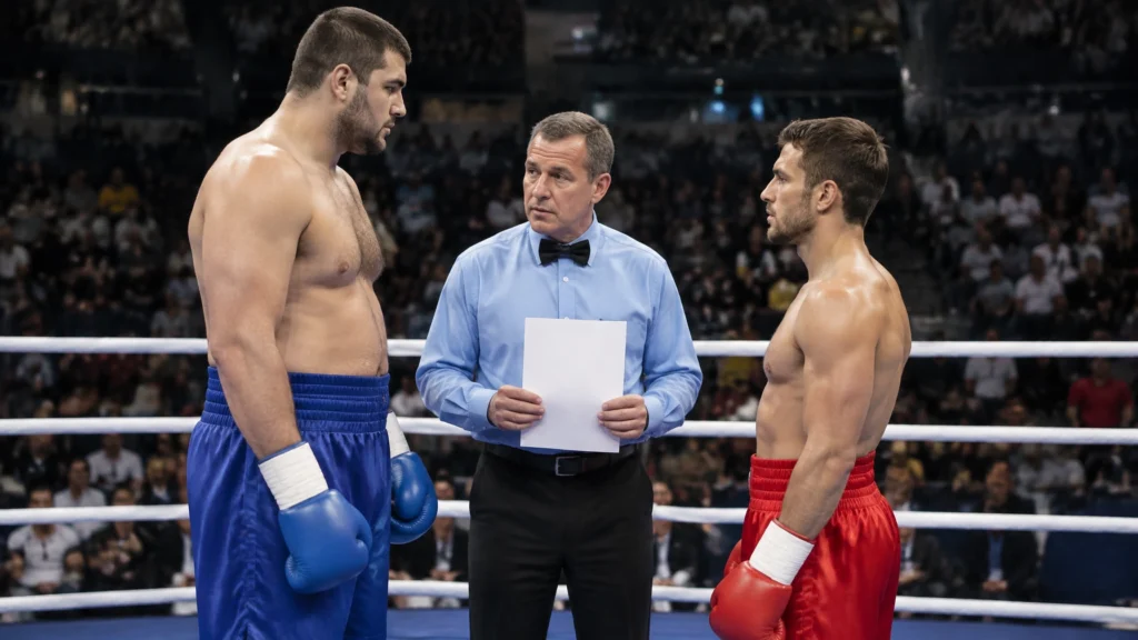 Zwei Boxer und ein Ringrichter in einem beleuchteten Boxring