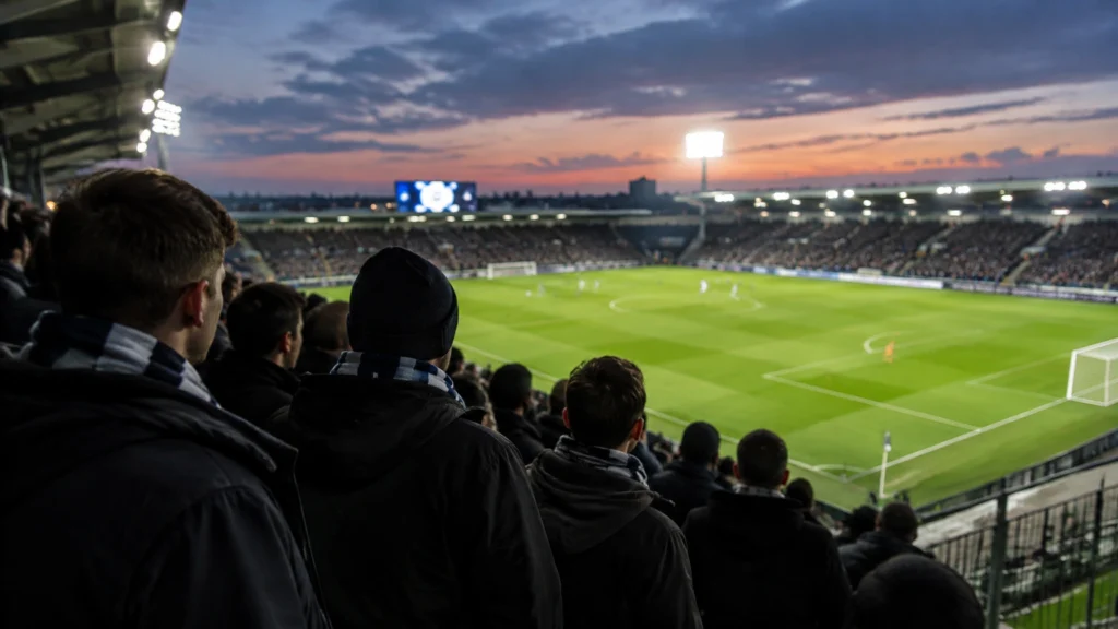 Ein Fußballstadion bei Dämmerung mit Zuschauern im Vordergrund und beleuchtetem Spielfeld.