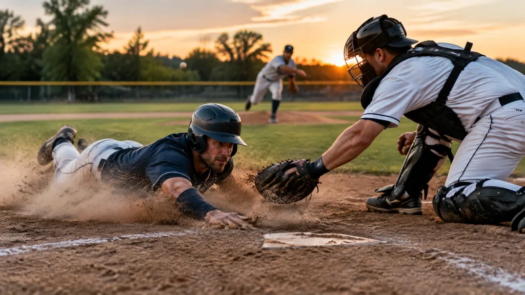 Baseballspieler gleitet in einer Staubwolke unter dem Handschuh des Catchers über die Home Plate