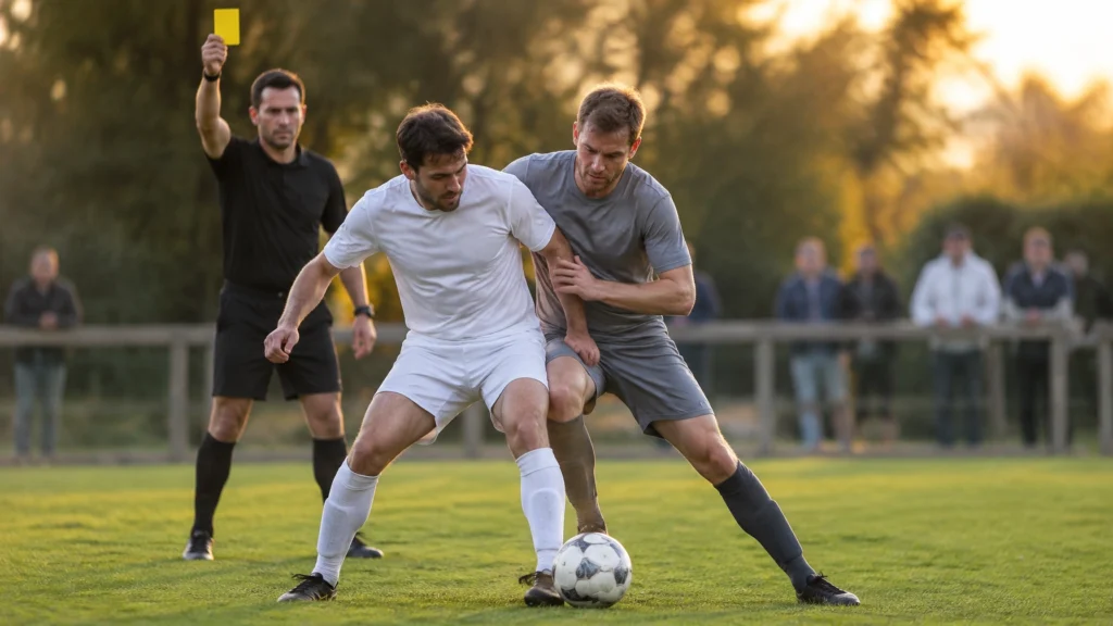 Schiedsrichter zeigt im Zweikampf zweier Spieler die gelbe Karte