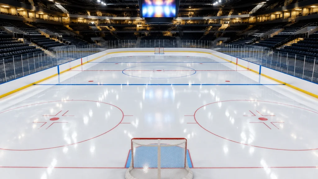 Ein leeres Eishockeyfeld in einer hell erleuchteten Arena, aufgenommen von hinten über das Tor.