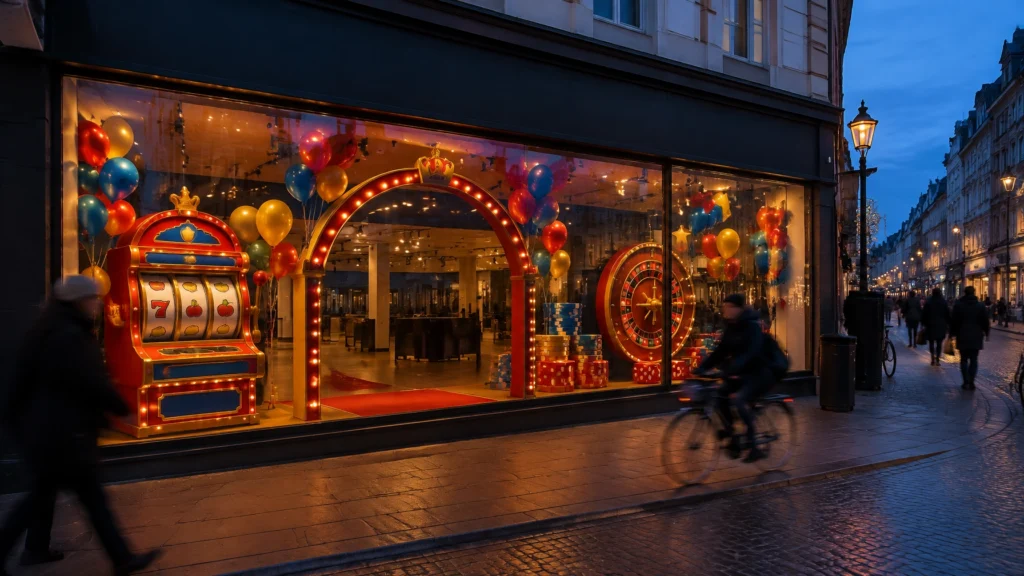 Symbolische Schaufensterszene mit Luftballons, Spielautomat und Glücksrad bei Abendlicht