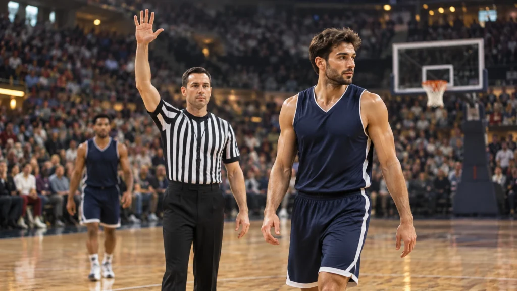 Ein Schiedsrichter hebt in einer Basketballhalle eine Hand; daneben steht ein Spieler.