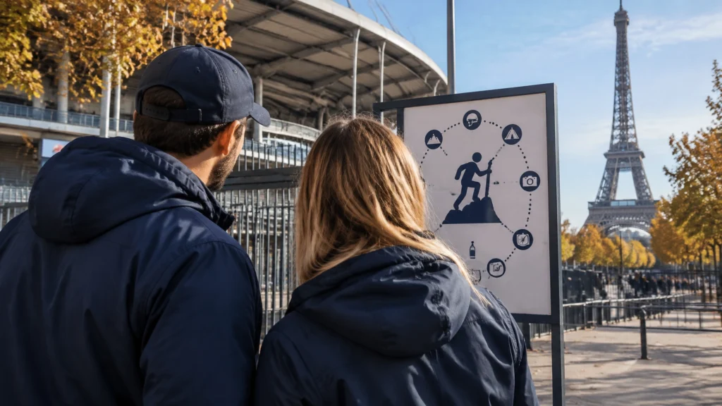 Symbolmotiv mit zwei Menschen vor einer Sportstätte und einer Paris-Kulisse; kein Foto des tatsächlichen Spielorts