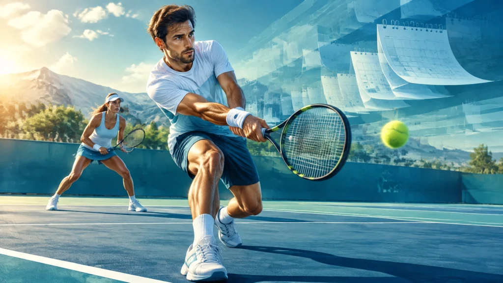 Redaktionelle Illustration eines Tennisspielers mit Kalenderblättern als Sinnbild für die rollierende Rangliste.