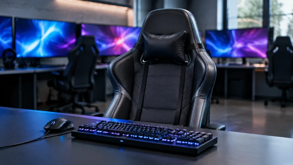 Ein Gaming-Stuhl mit Tastatur und Maus im Vordergrund, dahinter unscharfe Monitore mit abstrakten Lichtmustern.