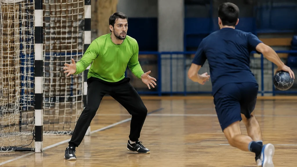 Ein Handballtorwart in grünem Trikot steht vor dem Tor, während ein Angreifer mit Ball auf ihn zuläuft.