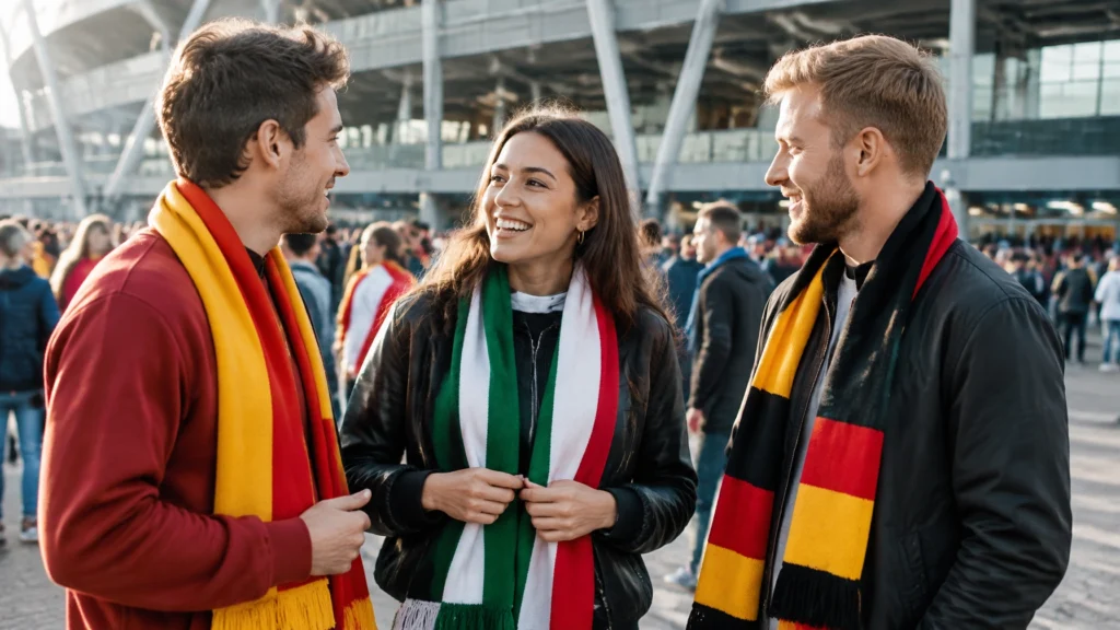 Drei erwachsene Fußballfans mit Schals in unterschiedlichen Farben stehen vor einem Stadion.