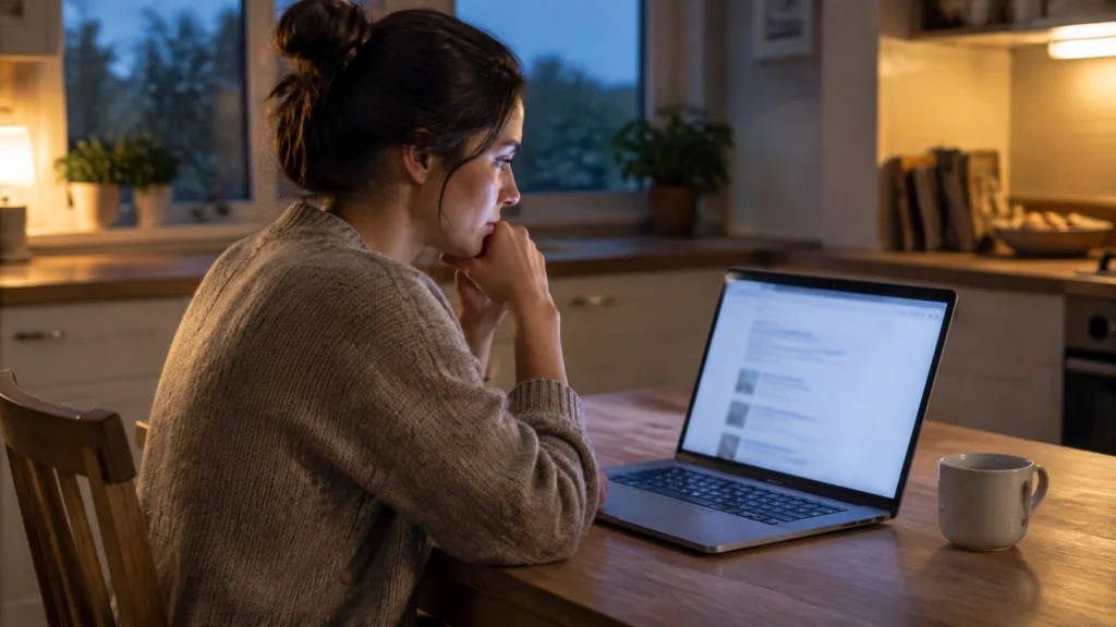 Eine erwachsene Person sitzt abends nachdenklich am Küchentisch vor einem Laptop mit unscharfer Suchseite; daneben steht eine Tasse.