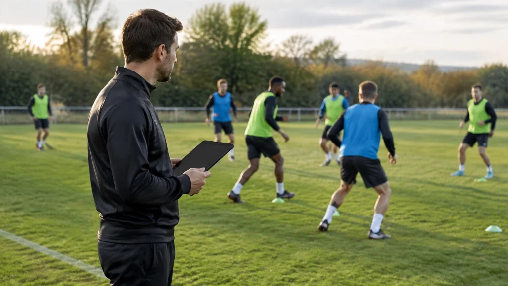 Person hält ein Tablet am Spielfeldrand, während mehrere Fußballspieler auf einem Amateurplatz trainieren.