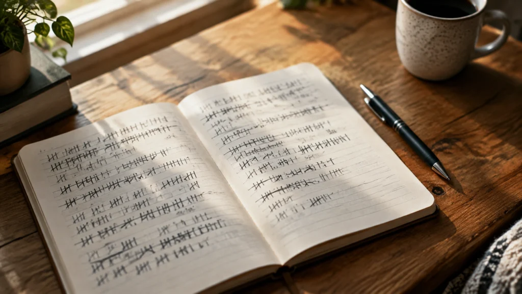 Ein offenes Notizbuch mit Strichlisten auf einem Holztisch, daneben ein Kugelschreiber und eine Kaffeetasse.