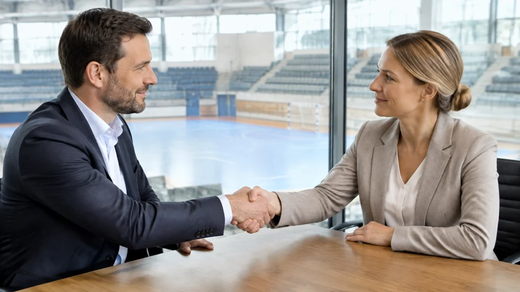 Zwei Personen reichen sich an einem Besprechungstisch vor einer Handballhalle die Hand