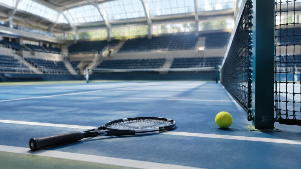 Ein heller Hallen-Hartplatz mit einem Tennisball und einem Schläger neben dem Netz, im Hintergrund leere Tribünen.