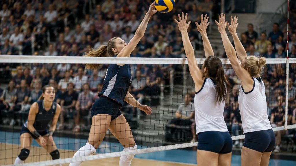 Volleyballspielerinnen bei einem Angriff am Netz in einer voll besetzten Halle