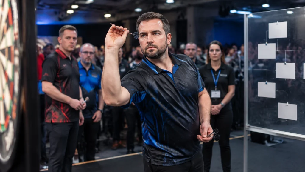 Dartspieler beim Wurf mit weiteren Spielern und einer neutralen Übersicht im Hintergrund