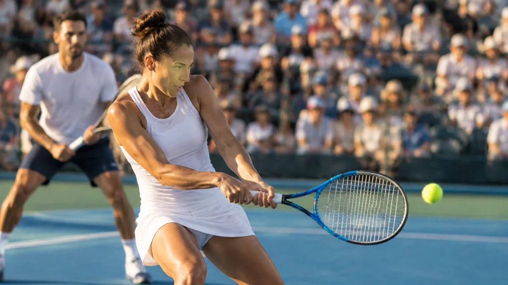 Tennisspielerin im Rückhandschlag auf einem Hartplatz, dahinter ein Spieler in Bereitschaft vor vollen Rängen