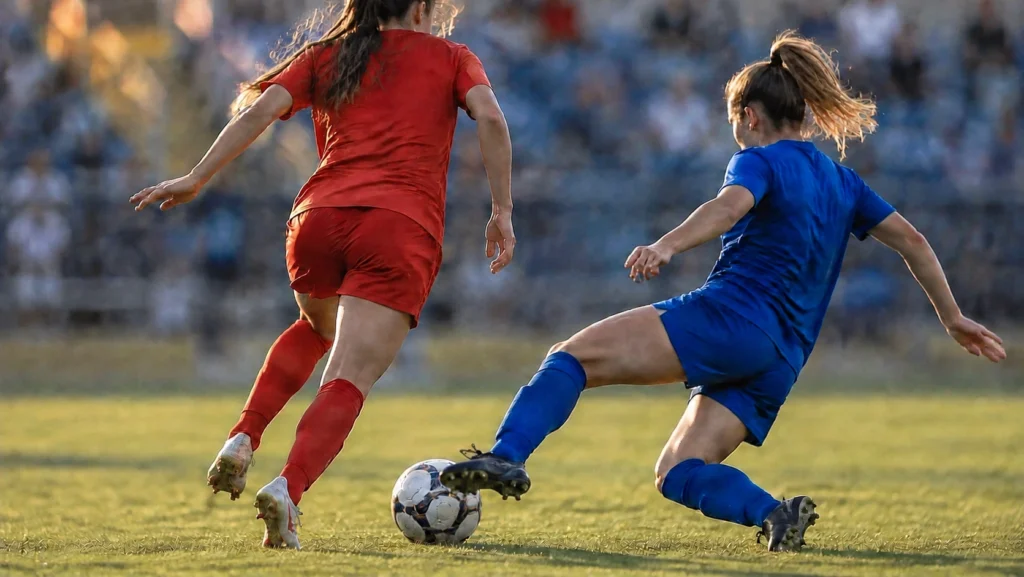 Zwei Spielerinnen in rotem und blauem Trikot im Zweikampf um den Ball auf dem Rasen, Tribünen im Hintergrund