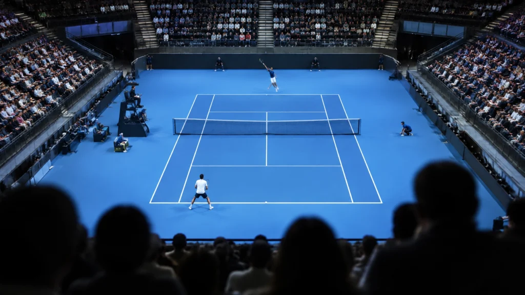 Symbolische Szene mit einem Tennisspieler auf einem blauen Hallen-Hartplatz