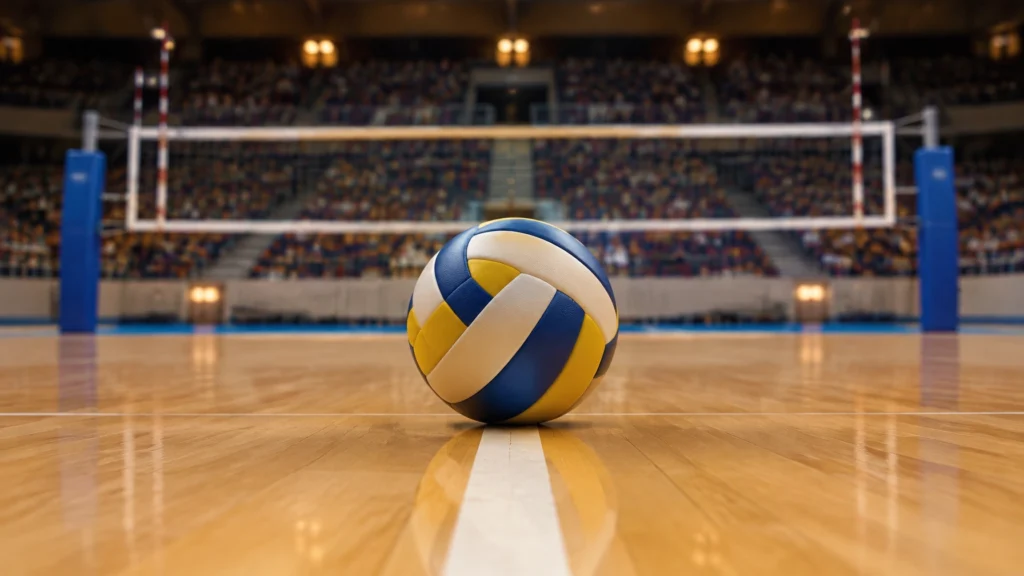 Ein Volleyball liegt auf der Mittellinie einer Halle, im Hintergrund das Netz und unscharfe Tribünen.