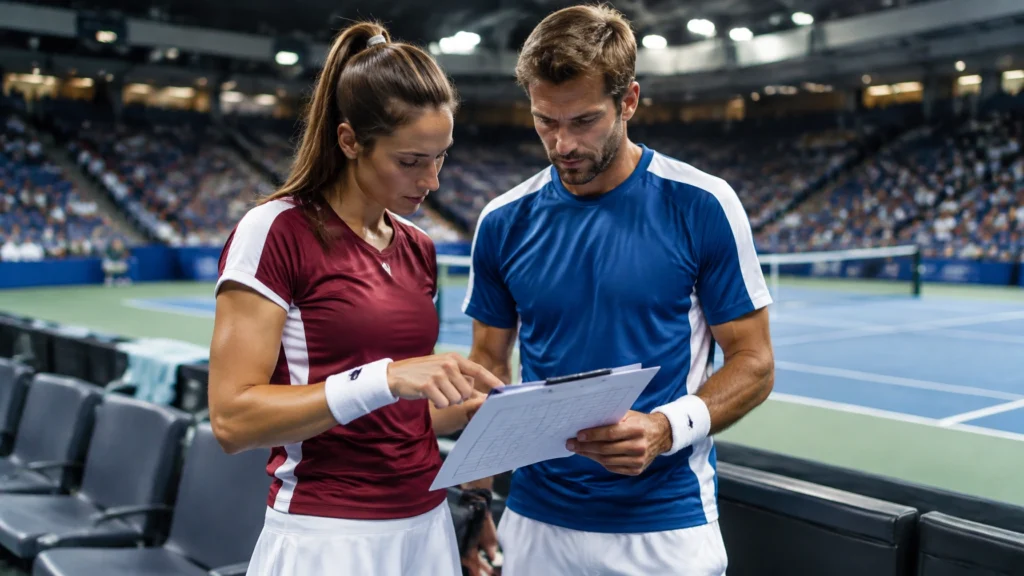 Zwei Tennisspieler stehen an der Seitenlinie einer Halle und prüfen gemeinsam ein Spielplan-Blatt