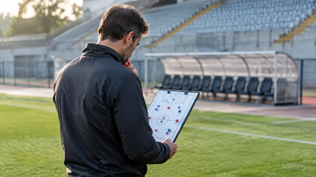 Ein Mann mit einer Taktiktafel am Spielfeldrand vor einer leeren Auswechselbank und Tribüne.