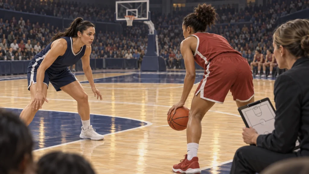Basketballspielerinnen und ein Coach besprechen eine Spielsituation am Rand einer Sporthalle.