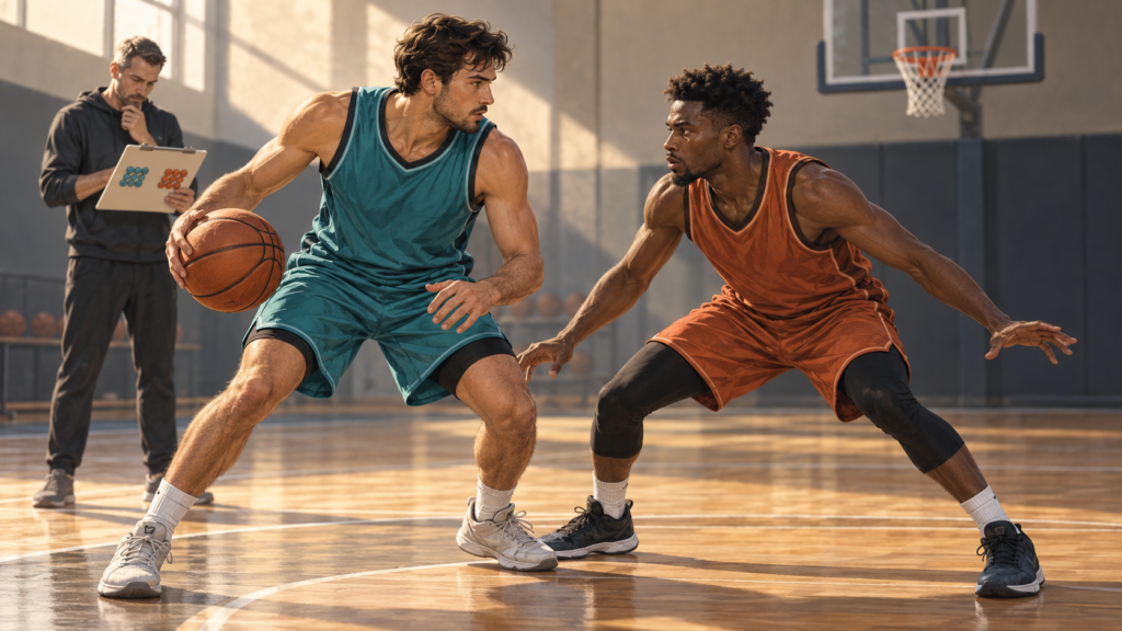 Illustration: Zwei Basketballspieler im direkten Duell, während ein Trainer ihre Bilanz vergleicht.