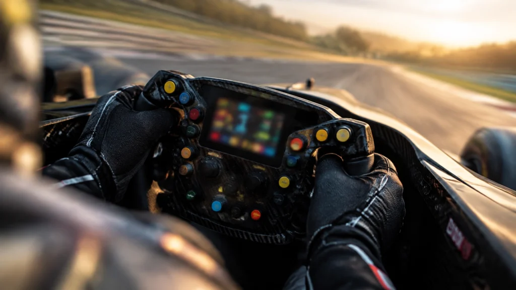 Blick aus dem Cockpit eines Rennwagens auf ein Lenkrad mit farbigen Tasten und die vorausliegende Strecke.