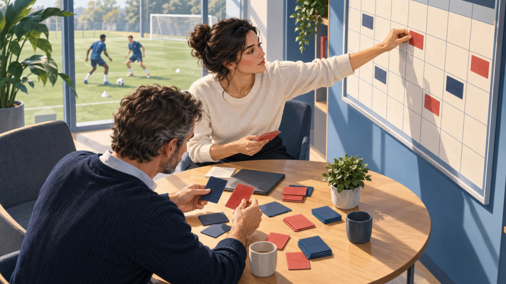 Illustration: Zwei Personen ordnen Spieltermine an einer Planungstafel; im Hintergrund trainieren Fußballspieler.