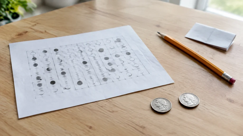 Ein ausgedrucktes Arbeitsblatt mit einem Raster aus ausgefüllten und leeren Kreisen liegt auf einem Holztisch, daneben liegen zwei Münzen, ein Bleistift und ein gefaltetes Papierstück